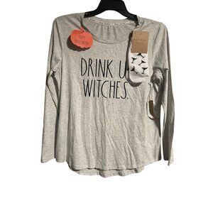 Rae Dunn Drink Up Witches Shirt  Anklet Socks Set Size L Oatmeal Heather Gray